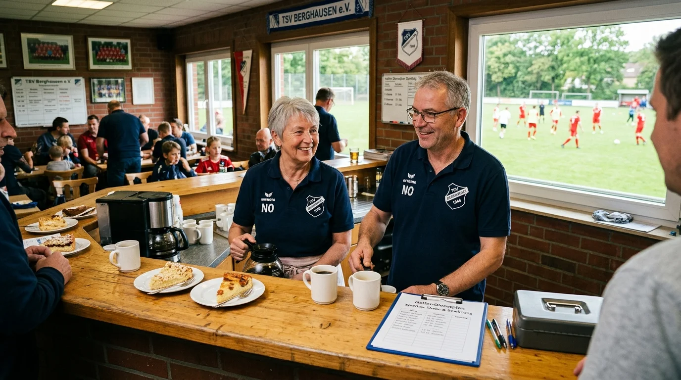 Symbolbild: Authentischer Thekendienst und Helferdienst im Vereinsheim mit Kuchen, Kaffee und Dienstplan (KI-generiert)