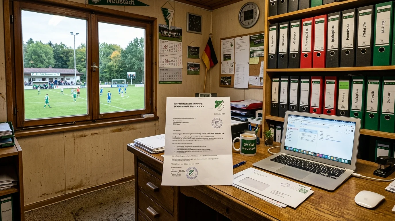 Symbolbild: Authentische Geschäftsstelle eines deutschen Vereins mit Leitz-Ordnern und Briefpost (KI-generiert)