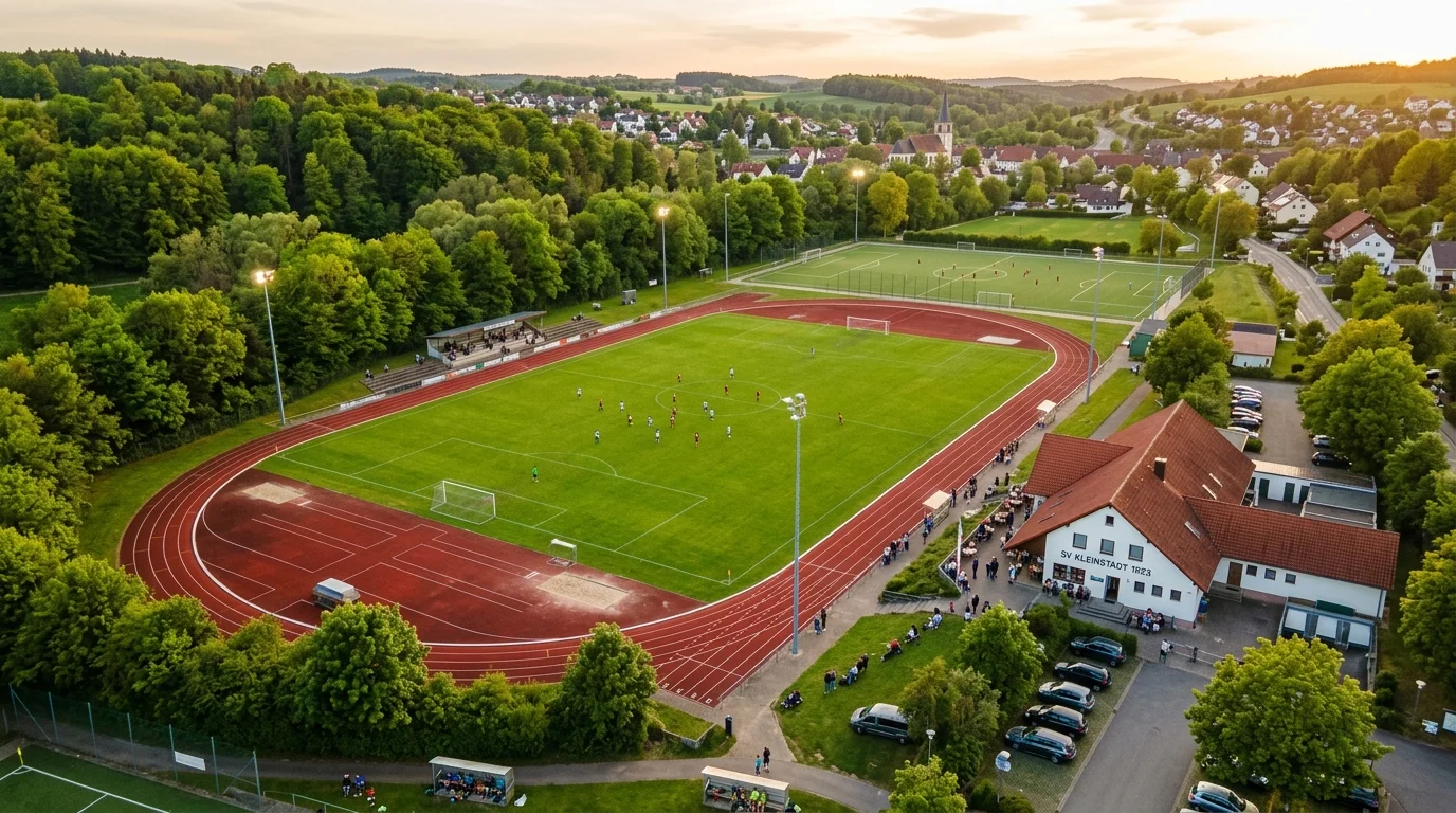 Symbolbild: Authentische deutsche Vereins- und Sportanlage mit Außenflächen, Räumen und Vereinsheim (KI-generiert)