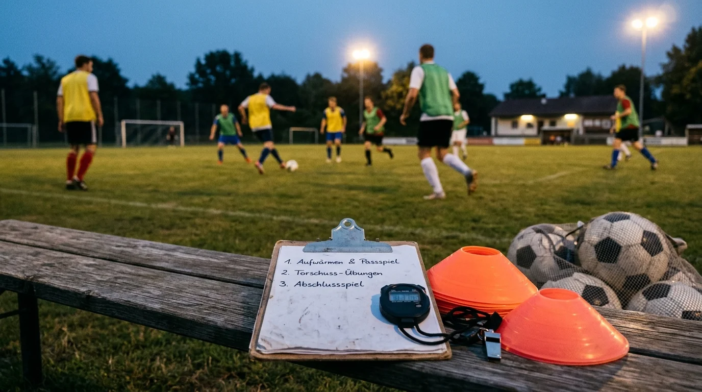 Symbolbild: Authentischer Übungs- und Trainingsaufbau im Verein mit Trainingsgeräten und Taktikboard (KI-generiert)