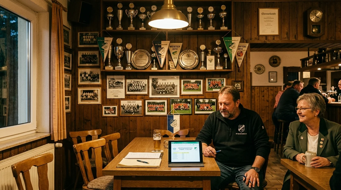 Symbolbild: Authentisches Vorstandszimmer im Vereinsheim mit Chronik, Wimpeln und digitalem Vereins-Wiki (KI-generiert)